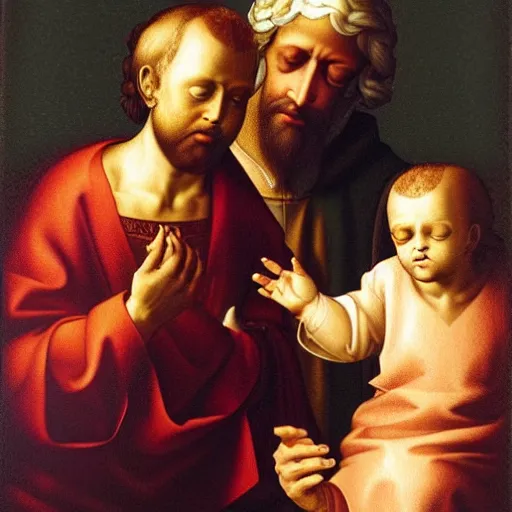 Prompt: mary, saint joseph and jesus by michaelangelo