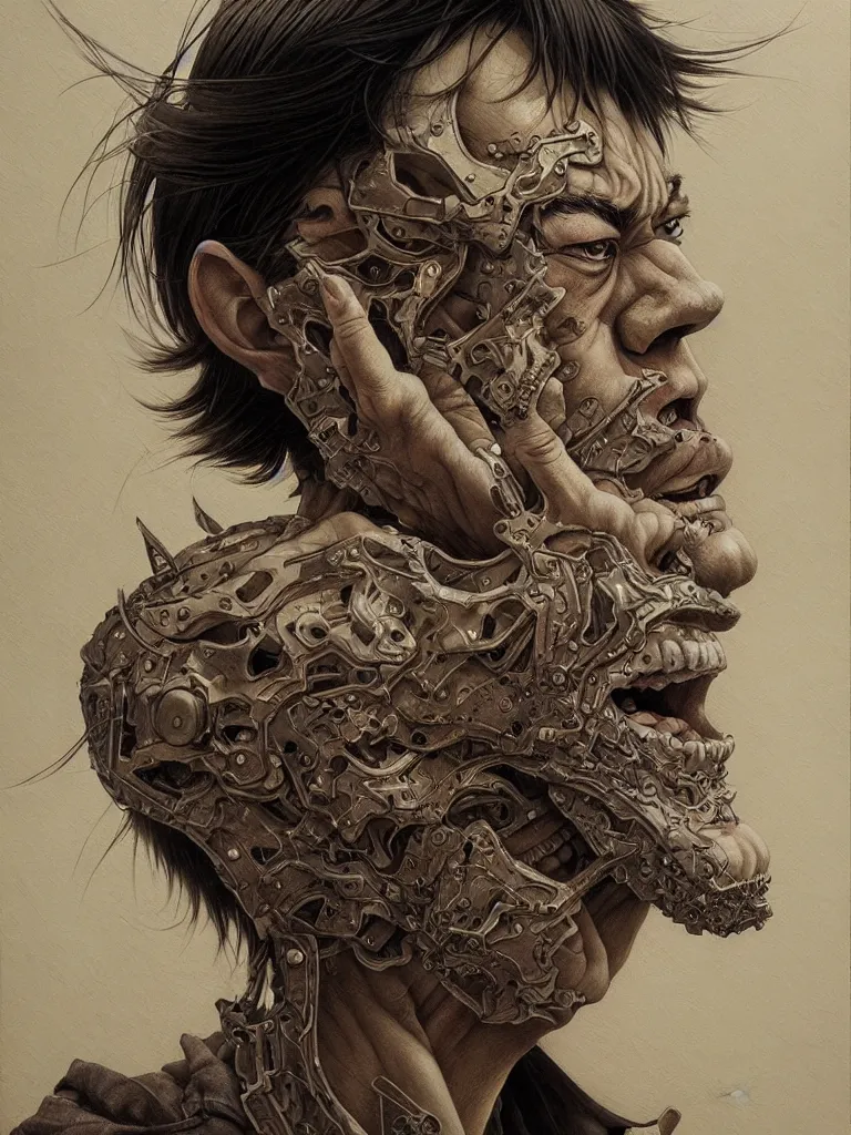 Image similar to Evangeleon character portrait drawn by Katsuhiro Otomo, photorealistic style, intricate detailed oil painting, detailed illustration, oil painting, painterly feeling, centric composition singular character