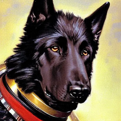 Prompt: a portrait of a man depicted as a black german shepherd dogman canine, star trek the next generation. highly detailed painting by gaston bussiere, craig mullins, j. c. leyendecker, furry