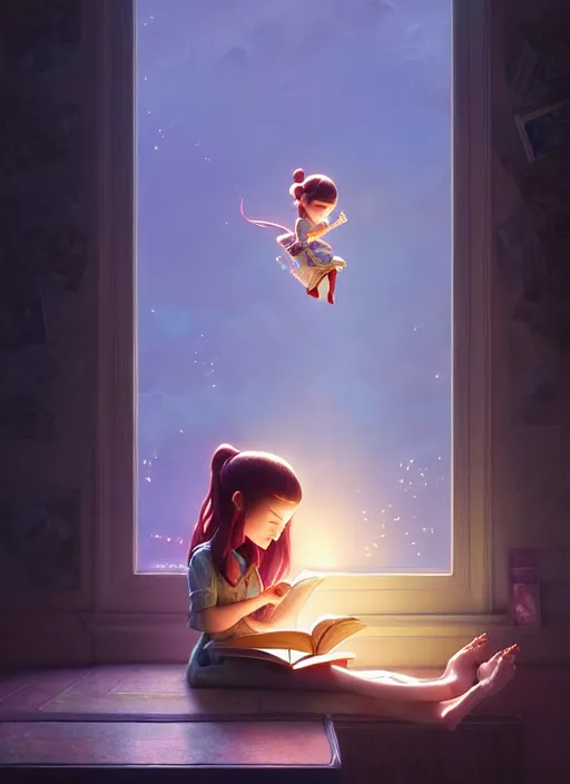 Image similar to highly detailed portrait of beautiful girl reading a book in toy story 3, dynamic pose, stephen bliss, unreal engine, fantasy art by greg rutkowski, loish, rhads, ferdinand knab, makoto shinkai and lois van baarle, ilya kuvshinov, rossdraws, tom bagshaw, global illumination, radiant light, detailed and intricate environment