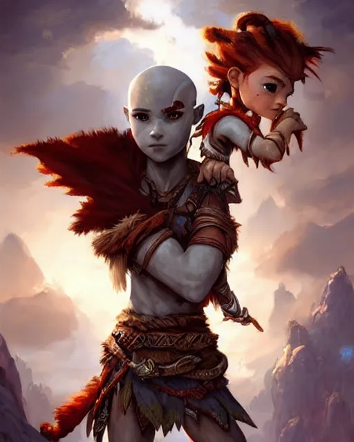 Image similar to cute little anthropomorphic kratos and aloy cute and adorable, pretty, beautiful, dnd character art portrait, matte fantasy painting, deviantart artstation, god of war, horizon zero dawn, by jason felix by steve argyle by tyler jacobson by peter mohrbacher