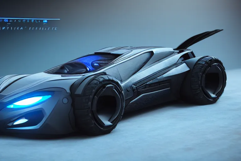 Image similar to cyberpunk batmobile concept inspired sports car, futuristic look, highly detailed body, very expensive, photorealistic camera shot, bright studio setting, studio lighting, crisp quality and light reflections, unreal engine 5 quality render