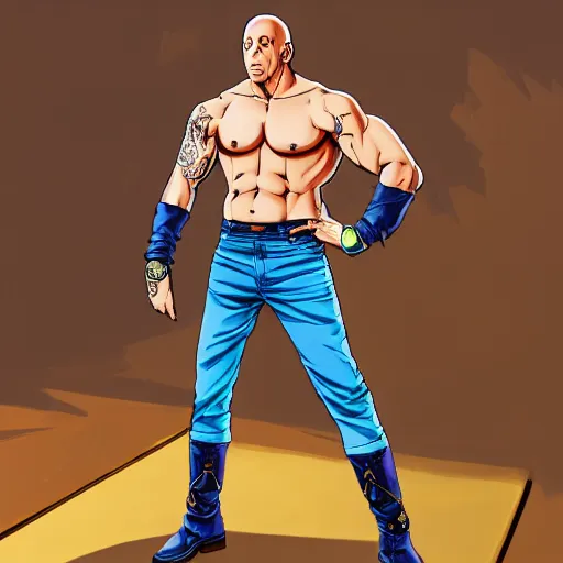 Image similar to Digital painting of Vin Diesel wearing clothes designed by Emilio Pucci walking like a Italian model in JoJo\'s Bizzare Adventure anime style, official media from JoJo\'s Bizzare Adventure, highly detailed, sharp focus, hard shadows, 1990s manga panel, ArtStation, art by Hirohiko Araki