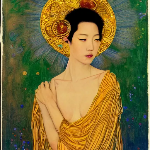 Image similar to a portrait of a very beautiful goddess with halo behind her head, looking in front, in the style of WLOP and Hsiao-Ron Cheng and Gustav Klimt
