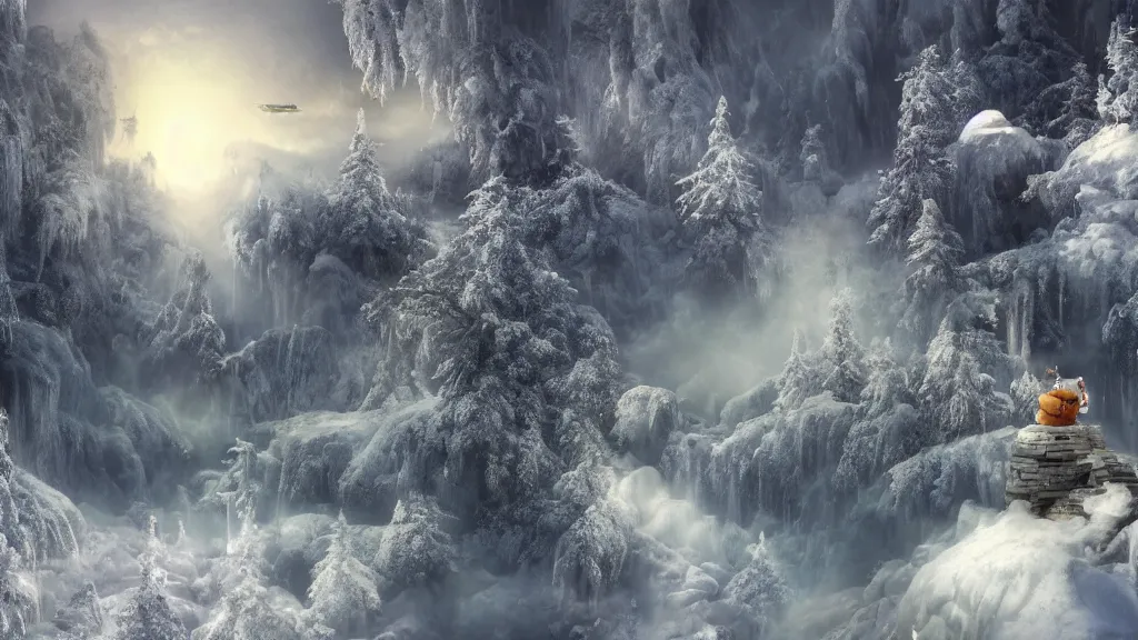 Prompt: 3d rendering of fantasy frosted little planet with big snowman in the center and waterfall, in the sky, foggy atmosphere, low angle shot, with focus on the snowman, volumetric lighting, fantasy artwork, very beautiful scenery, very realistic painting effect, hd, hdr, cinematic 4k wallpaper, 8k, ultra detailed, high resolution