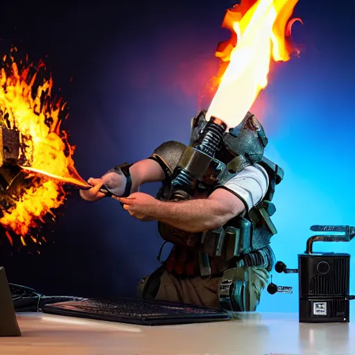 Image similar to angry man in juggernaut armor burning a desktop tower pc with a military flamethrower