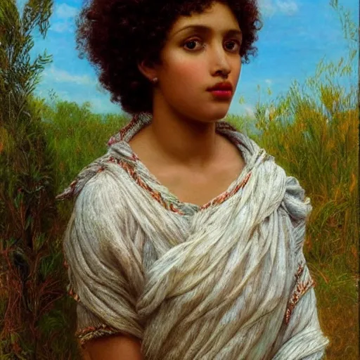 Prompt: somali woman with curly hair, fedosenko roman, j. w. godward, jose miguel roman frances, intricate details, solid color backdrop, countryside, dreamy, impressionist, figurative