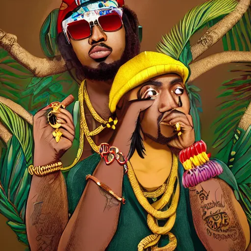 Image similar to parrots dressed in golden rings, necklaces and with caps on head, rapping and sitting on golden trees, rap scene, jungle concept art, trending on artstation, highly detailed, digital art, 8 k