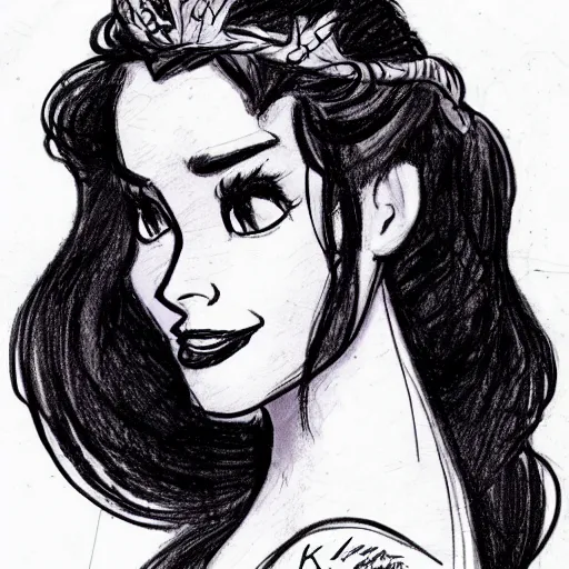 Image similar to milt kahl sketch of vanessa hudgeons with done up hair, tendrils covering face and ponytail as princess padme from star wars episode 3