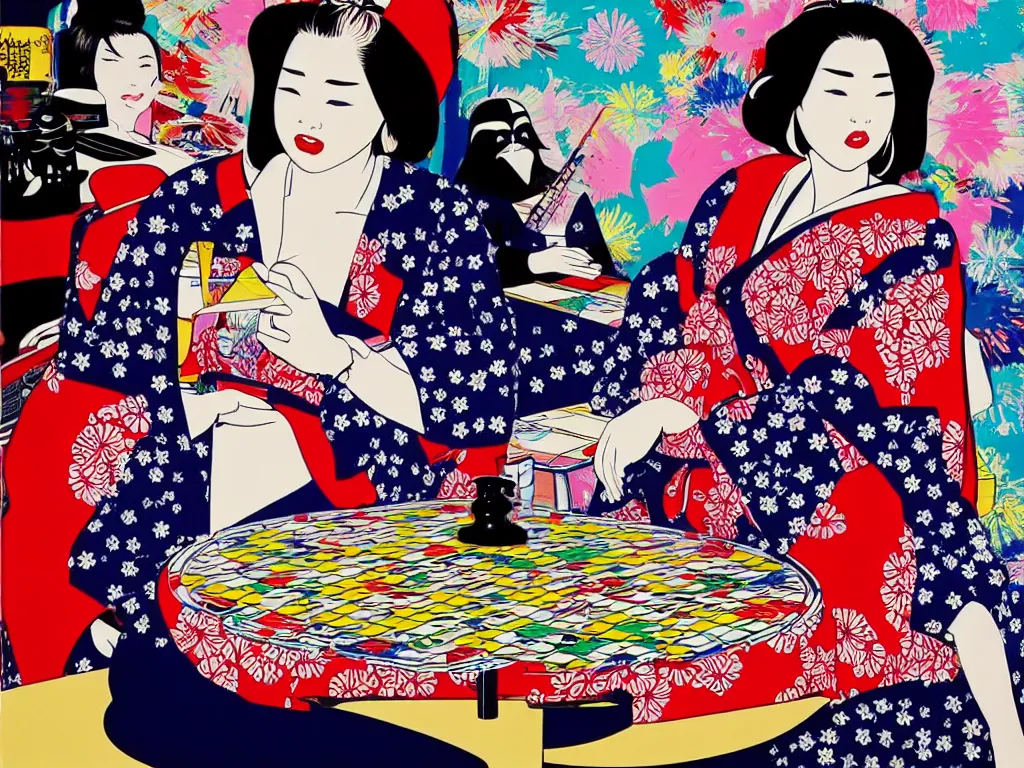 Image similar to hyperrealistic composition of the detailed woman in a japanese kimono sitting at a poker table with detailed darth vader, fireworks, mount fuji on the background, pop - art style, jacky tsai style, andy warhol style, roy lichtenstein style, acrylic on canvas