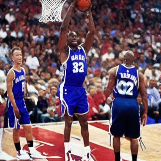 Prompt: Joe Biden dunking the basketball over Shaq