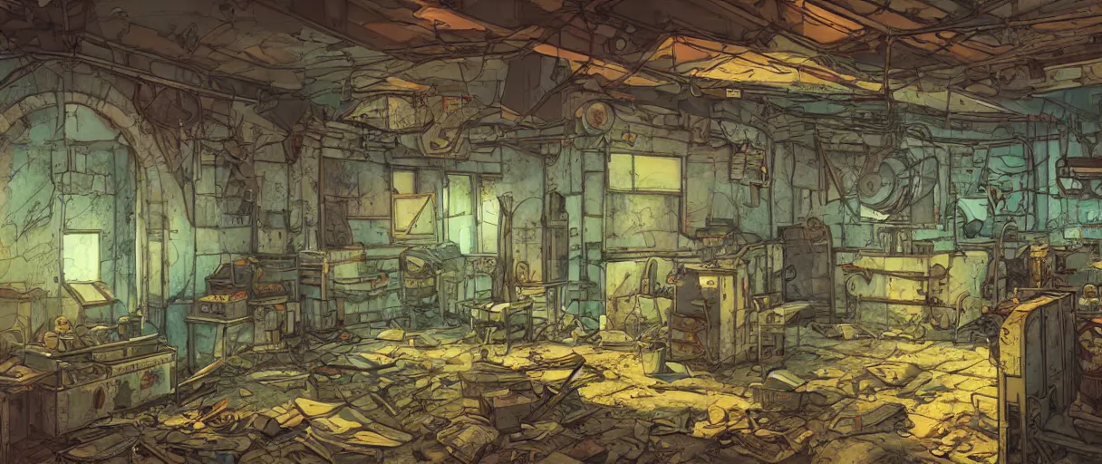 Image similar to abandoned laboroatory from cold war era faded out colors place mosquet painting digital illustration hdr stylized digital illustration video game icon global illumination ray tracing advanced technology that looks like it is from borderlands and by feng zhu and loish and laurie greasley, victo ngai, andreas rocha, john harris