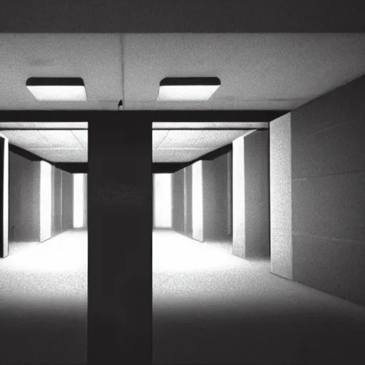 Image similar to holding cells in underground lab, sterile, clean, cinematic, liminal space, unreal engine, in-game screenshot, cctv footage, black and white, blurry