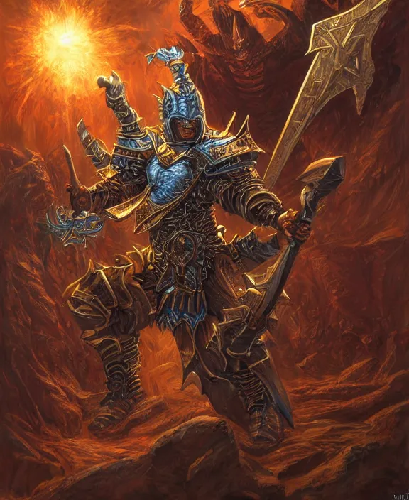 Prompt: final boss warrior, fantasy, man, gilded shiny armour, contrast, highly detailed, digital painting, artstation, concept art, wallpaper, smooth, sharp focus, illustration, illumination, art by larry elmore, jeff easley, clyde waldwell, keith parkinson, daniel r horne