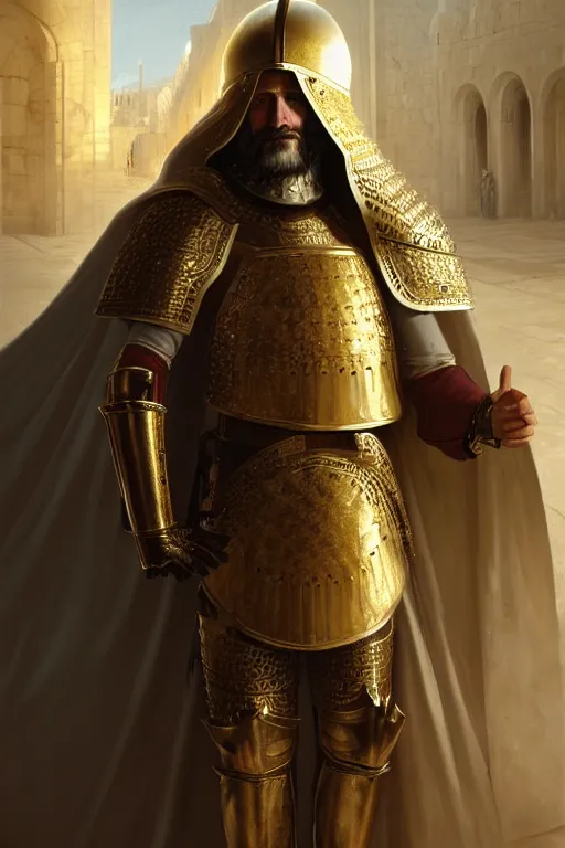 Prompt: man looking forward in decorated with gold baroque style christian crusader armor, helmet hiding all his face and white cape standing at the gates of jerusalem drawn by greg rutkowski realistic high detail
