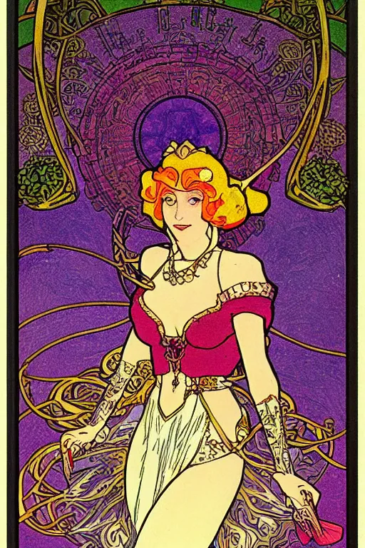 Image similar to full length painting of princess peach art nouveau, tarot card by mucha, gaudy colors, sharp edges, intricate linework.