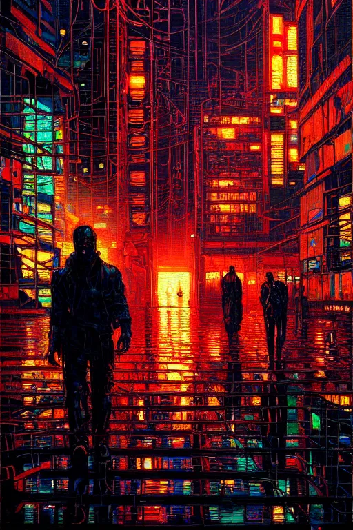 Image similar to beautiful cyberpunk oil painting, perfect lighting. professional design, intricate complexity, by dan mumford and by alberto giacometti, peter lindbergh, malevich, william stout