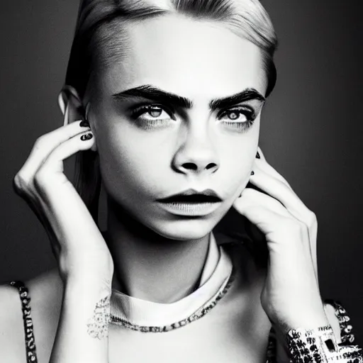 Prompt: photo of a gorgeous 20-year-old Cara Delevingne with 1960s hairstyle by Mario Testino, detailed, head shot, award winning, Sony a7R -