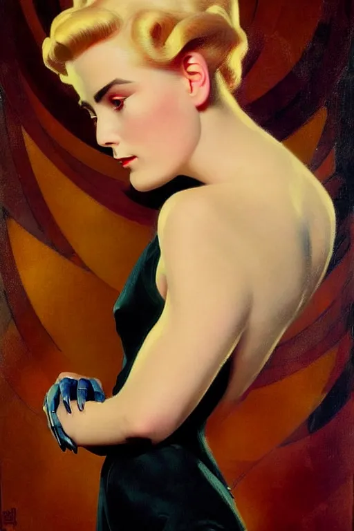 Image similar to beautiful evil cyborg grace kelly by steichen in the style of a modern tom bagshaw, alphonse muca, victor horta, gaston bussiere. anatomically correct. extremely lush detail. masterpiece. melancholic scene infected by night. perfect composition and lighting. sharp focus. high contrast lush surrealistic photorealism. sultry expression.