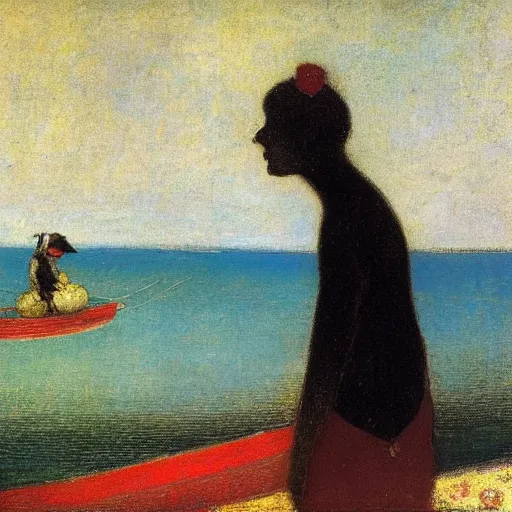Prompt: a woman and her black and brown chihuahua at the sea with a boat in the distance by odilon redon