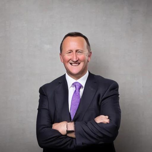 Prompt: a beautiful studio photo portrait of john key in chinatown, happy and smiling