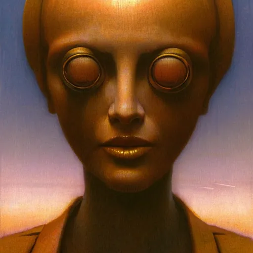 Image similar to a closeup of a businesswoman with a computer motherboard head, Beksinski, Dariusz Zawadzki