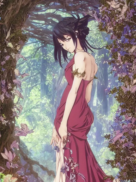 Prompt: anime key visual of leda with her back to the camera wearing a gown designed by monique lhuillier!! intricate, magical forest, stunning, highly detailed, digital painting, artstation, smooth, hard focus, illustration, art by artgerm and greg rutkowski and alphonse mucha