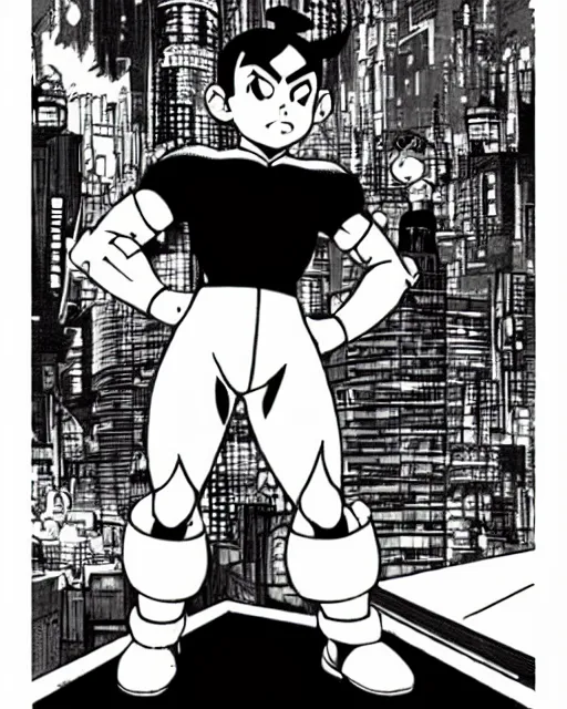 Image similar to a close up portrait of Astro boy in the style of Megaman, weapon on a ready looking determined overlooking a cyberpunk city in the background, full face portrait composition, 2D drawing by Mike Mignola, Yoji Shinkawa, flat colors, chiaroscuro lighting