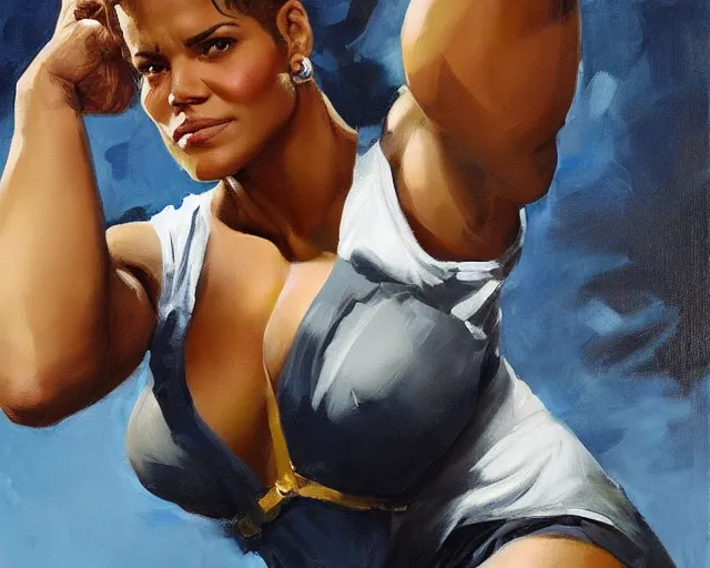 Prompt: greg manchess portrait painting of smug halle berry as beautiful thick female bodybuilder zarya from overwatch, medium shot, asymmetrical, profile picture, organic painting, sunny day, matte painting, bold shapes, hard edges, street art, trending on artstation, by huang guangjian and gil elvgren and sachin teng