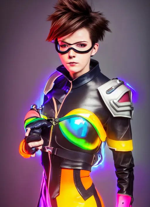 Image similar to overwatch style oil painting portrait of tracer overwatch, confident pose, wearing black iridescent rainbow latex, rainbow, neon, 4 k, expressive surprised expression, makeup, wearing detailed black leather collar, wearing sleek armor, studio lighting, black leather harness, expressive detailed face and eyes,