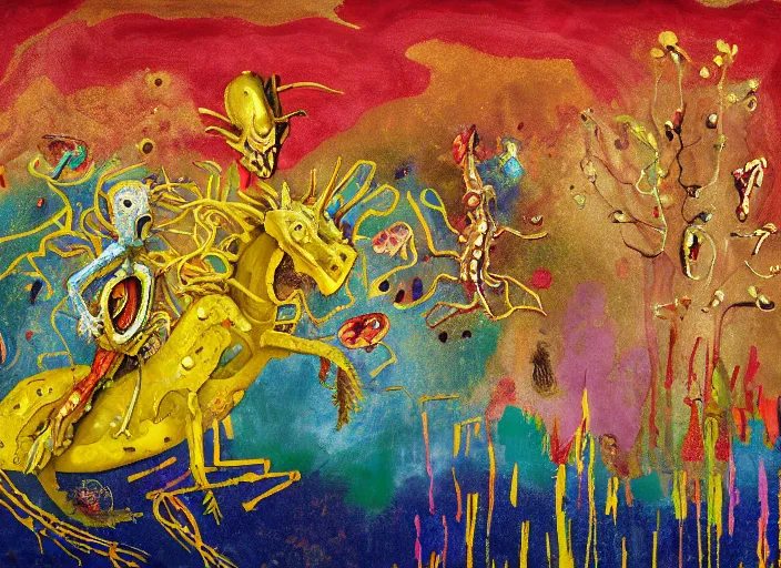 Image similar to expressionistic decollage painting golden armor alien zombie horseman riding on a crystal bone dragon broken rainbow diamond maggot horse in a blossoming meadow full of colorful mushrooms and golden foil toad blobs in a golden sunset, distant forest horizon, painted by Mark Rothko, Helen Frankenthaler, Danny Fox and Hilma af Klint, graffiti buff, pixel mosaic, semiabstract, color field painting, byzantine art, pop art look, naive, outsider art, very coherent symmetrical artwork. Bekinski painting, part by Philip Guston and Adrian Ghenie, art by George Condo, 8k, extreme detail, intricate detail, masterpiece