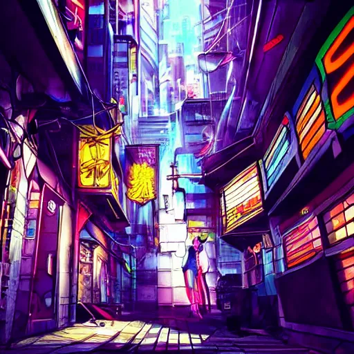 Image similar to beautiful anime graffiti on a wall in a cyberpunk city, happy mood, futuristic, neon, high detail, golden light, realistic