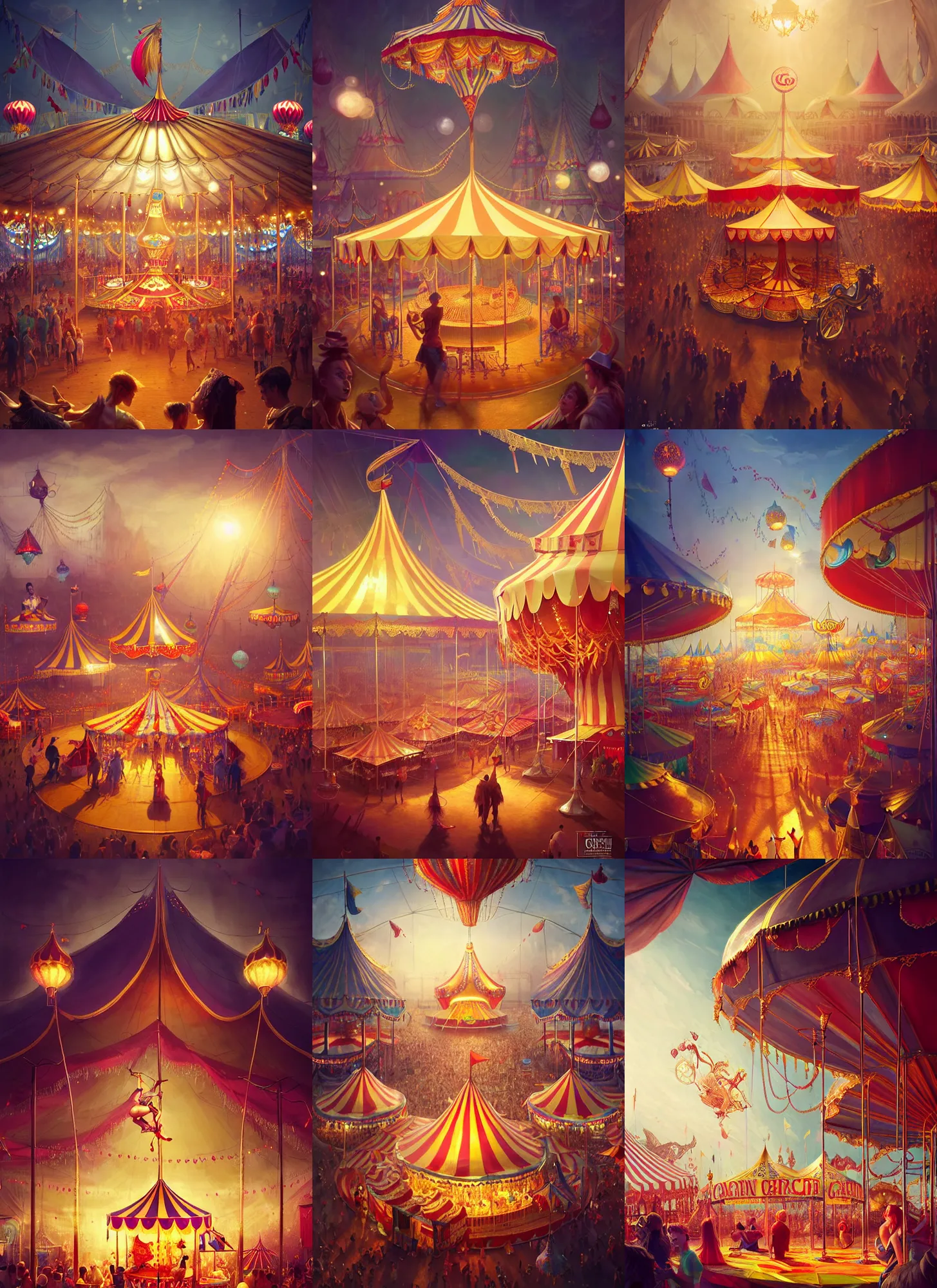 Prompt: golden carnival carnival, food stalls, big top circus tent, creative!!! composition for a book cover titled magic, absurdly beautiful, ultrafine hyperrealistic by wlop and artgerm and greg rutkowski, intricate linework, sharp focus, smooth, unreal engine, dramatic lighting, ethereal, 8 k