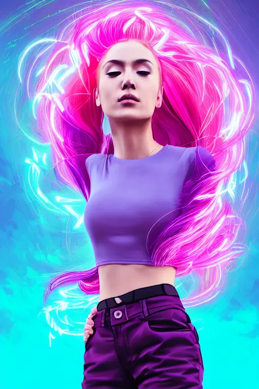 Image similar to a award winning half body portrait of a beautiful woman in a croptop and cargo pants with ombre purple pink teal hairstyle with head in motion and hair flying, surrounded by whirling illuminated lines, outrun, vaporware, shaded flat illustration, digital art, trending on artstation, highly detailed, fine detail, intricate