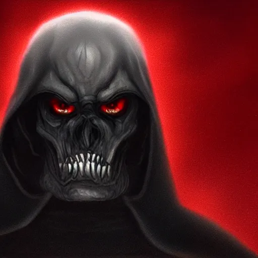 Image similar to dark lord looking into the camera, red glowing eyes, wearing black robe, white background, artstation