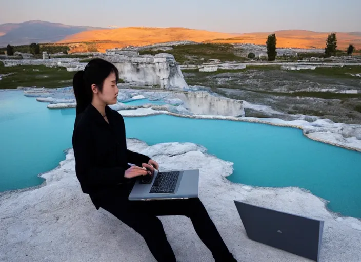 Prompt: Lee Jin-Eun hacking a laptop at Pamukkale by Vincent Di Fate, rule of thirds, seductive look, beautiful, masterpiece, Refined