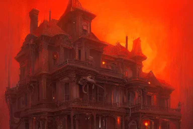 Image similar to A Victorian House of The Void made of eyeballs and tentacles, Red and Orange colored, 4k, masterpiece, cinematic, glowing, by Greg Rutkowski, Trending on Artstation, Behance. Polished, Volumetric Lighting