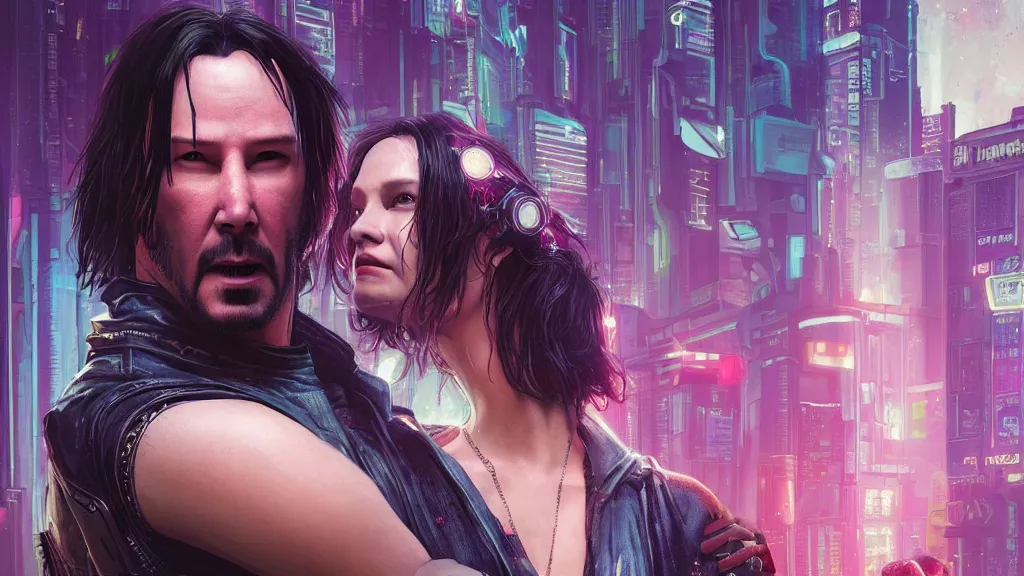 Image similar to a cyberpunk 2077 srcreenshot couple portrait of a Keanu Reeves a female androids in hug,love,film lighting,by Laurie Greasley,Lawrence Alma-Tadema,Dan Mumford,John Wick,Speed,Replicas,artstation,deviantart,FAN ART,full of color,Digital painting,face enhance,highly detailed,8K,octane,golden ratio,cinematic lighting