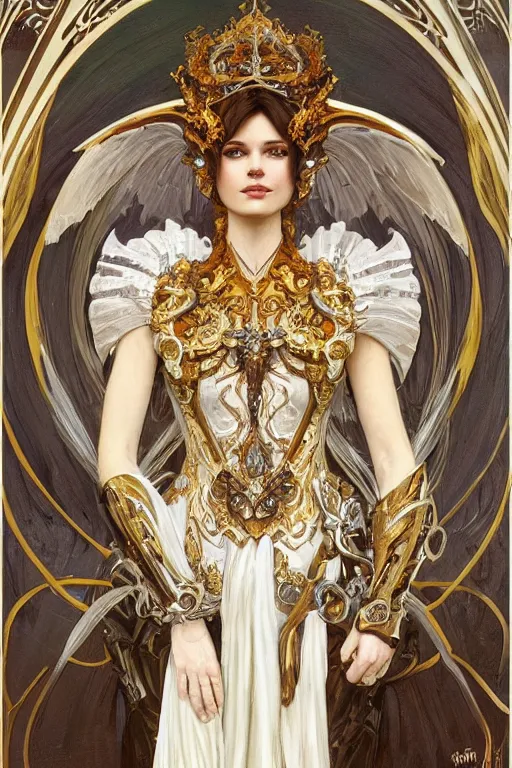 Image similar to full body portrait of a queen wearing white armor with ornate bronze and gold, white gossamer wings, art nouveau, profile, 4K, character concept art, oil painting, trending in artstation, cgsociety, by nekro, Alphonse Mucha, Brom, Artgerm