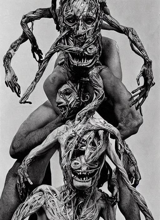 Image similar to stunning bernie wrightson photograph of experimental surgery of a man sewn together to another man with multiple heads multiple arms grotesque twisted vein covered splotchy skin of despair, painful merging of bodies disgusted siamese horror conjoined psychotic painful people award winning style photography