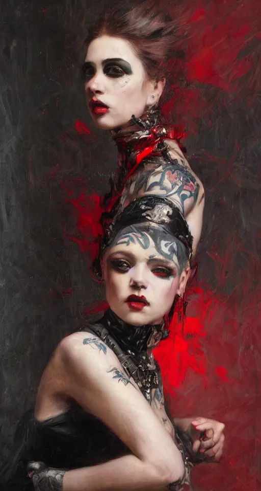 Image similar to Solomon Joseph Solomon and Richard Schmid and Jeremy Lipking victorian genre painting portrait painting of a young beautiful woman punk rock goth with punk rock haircut in fantasy costume, red background