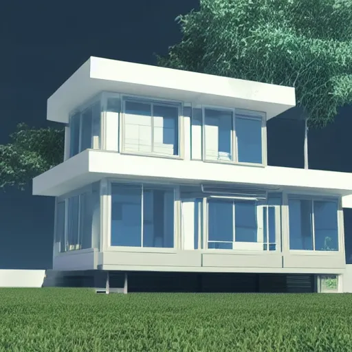 Image similar to blueprints of a concept modular house, minimalistic, white, future