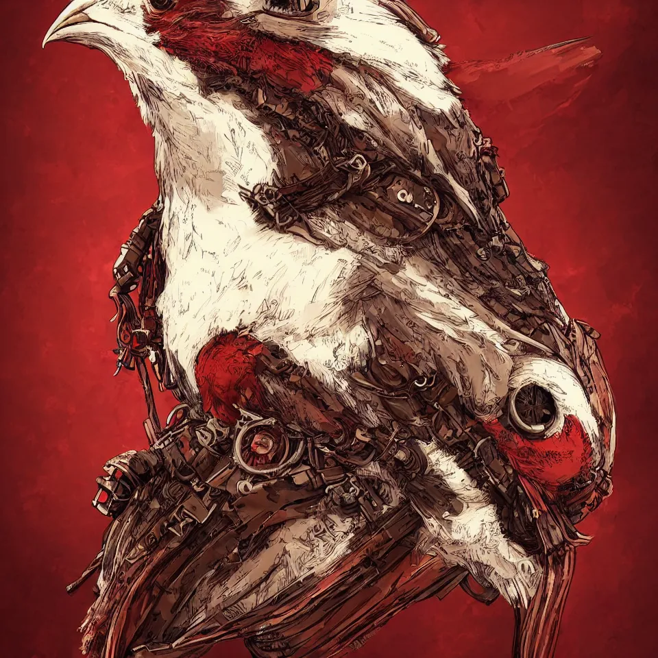 Prompt: a detailed concept art steampunk of a bust bird by miguel nogueira, gradient dark red, cream and white color scheme, dynamic lighting, cinematic, epic composition, masterpiece