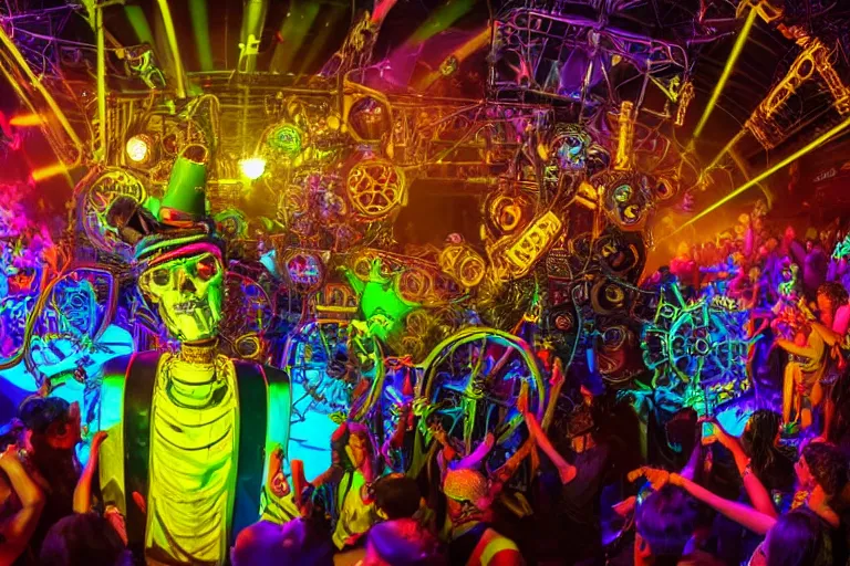 Image similar to scene is elrow party in amnesia in ibiza, portrait photo of a giant huge golden and blue metal steampunk robot, with gears and tubes, eyes are glowing red lightbulbs, audience selfie, shiny crisp finish, 3 d render, 8 k, insaneley detailed, fluorescent colors, haluzinogetic, background is multicolored lasershow