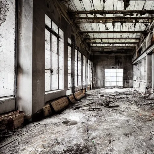 Prompt: interior of a large decayed industrial hall, perfectly clean, phase one photo,