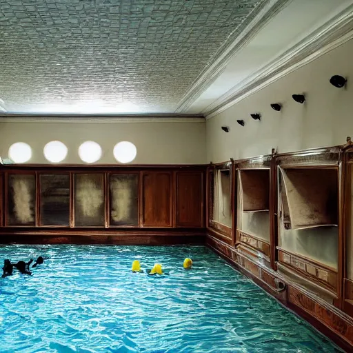 Image similar to The poolrooms, a level of the backrooms that has a near endless depth of water and sea monsters lurking in it, photo