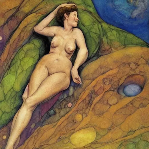 Image similar to a woman who moved to another planet with husband, hot weather, full growth, by Michael Vrubel
