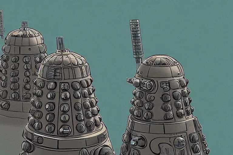 Image similar to daleks!, in the style of john avon and derek riggs and eva widermann, trending on artstation, halfrear lighting closeup view anaglyph filter, bokeh, anime, colored pencil art, belle epoque