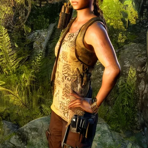 Image similar to lara croft wearing batik, looking content, golden hour, shy