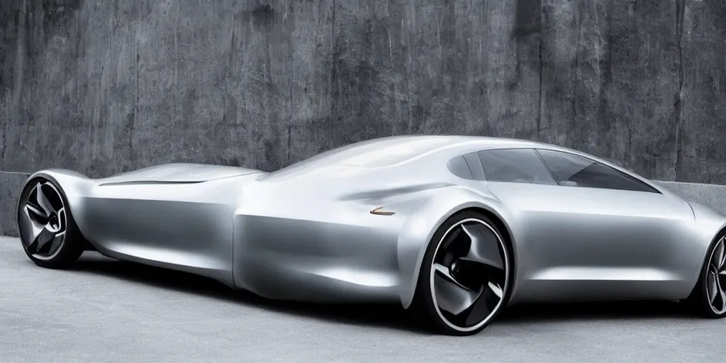 Image similar to a futuristic minimal silver sports car sedan designed by Apple, Jonny I’ve and Steve Jobs.